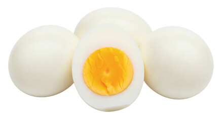 boiled egg on transparent png. Perfectly Boiled Eggs Whole and Halved Isolated Studio Shot on White. clipping path.
