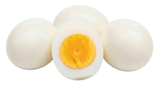 boiled egg on transparent png. Perfectly Boiled Eggs Whole and Halved Isolated Studio Shot on White. clipping path.
