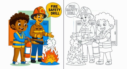 Fire safety drill with children and firefighter, illustration