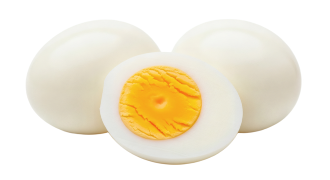 boiled egg on transparent png. Perfectly Boiled Eggs Whole and Halved Isolated Studio Shot on White. clipping path.
