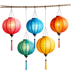 Fototapeta premium Five Colorful Paper Lanterns Hanging on a Branch graphic