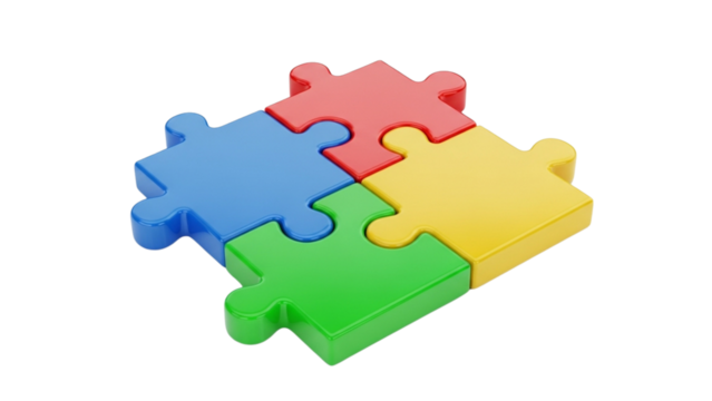 Connected colorful puzzle pieces on black represent teamwork solution concept