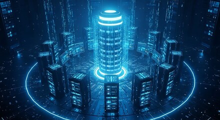 Futuristic server room with a central glowing blue data core and radially arranged server racks in a high-tech environment.