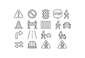 grid 4x4 vector icon line road safety and pedestrian safety 16 items isolated on white background