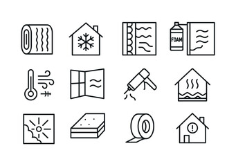 grid 4x4 vector icon line insulation and air sealing 16 items isolated on white background