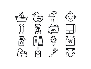 grid 4x4 vector icon line baby bath and hygiene 16 items isolated on white background