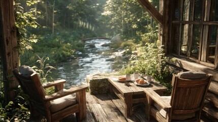 Fototapeta premium Rustic wooden porch overlooking a serene stream in a lush green forest