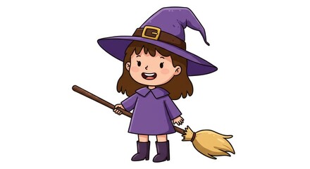 Cute Handdrawn Little Witch with Broom Halloween Costume Illustration