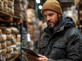 A focused warehouse professional intently analyzes inventory data on a tablet amidst the vast shelves of an industrial storage facility