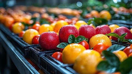 Fresh produce including s oranges and tomatoes displayed on a sorting line in a vibrant agricultural setting
