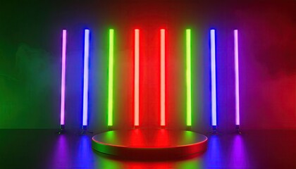 Fototapeta premium Colorful Neon Lights and Smoky Stage Platform