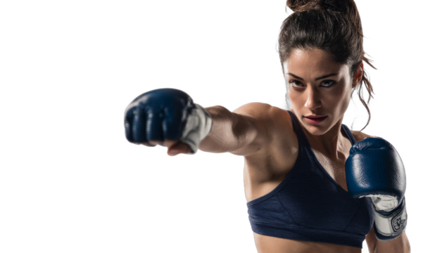 Female Boxer Woman Wearing Sports Bra Throwing Punch in Dark Studio