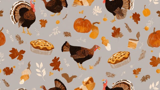 Thanksgiving cultural seamless pattern with turkeys, pumpkins, pies and autumn leaves, high-resolution festive seasonal design