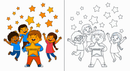 Joyful diverse children celebrating success with a golden star award, vector illustration and coloring book page for kids