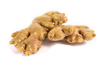 Fresh ginger root (Zingiber officinale) isolated on a white background. This rhizome is popular as a cooking spice and a traditional herbal remedy.
