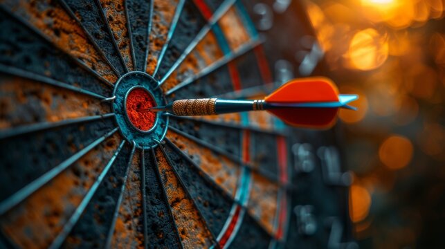 A dart successfully hits the bullseye on a dartboard, symbolizing precision and goal attainment in a competitive business environment.