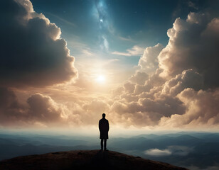 Fototapeta premium Silhouette of a person looking up at the sky. A lonely man standing in a fantasy landscape with a shining, cloudy sky. Meditation and spiritual life. A man stands at the top of the hill.
