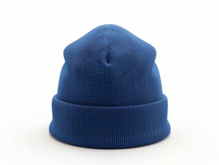 A plain blue knit beanie hat showcased in a front view, set against a clean white backdrop.