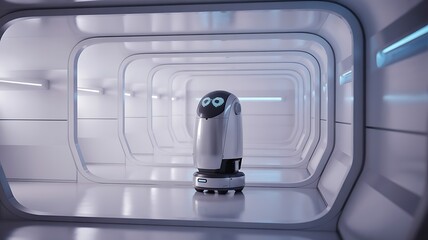 Humanoid robot standing in futuristic interior corridor
