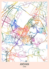 Obraz premium Anshan China City Map. city background, abstract city printable, city travel, city banner, modern city, city background, abstract watercolor, abstract paint, urban background