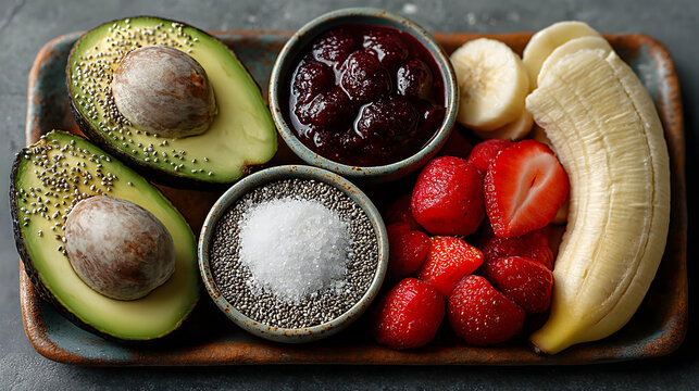 Healthy breakfast with avocado strawberries banana and chia seeds AI Generated - Powered by Adobe