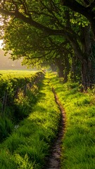 A sun-drenched path winds through a verdant landscape beneath a canopy of towering trees, bathed in the soft light of morning.