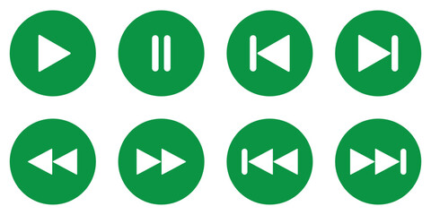 Play icon set. Media player controls with play, pause, stop, record, rewind and forward vector illustration. Universal video and music navigation symbol. Interface playback UI sign. Control pictogram