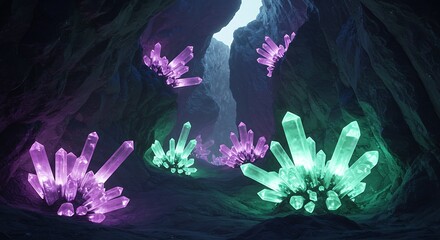 Glowing Crystal Clusters in Dark Cave with Colorful Light Effects