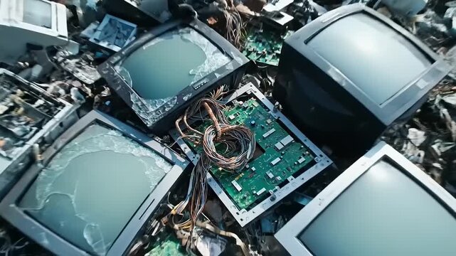 Pile of discarded CRT monitors and electronics awaiting recycling.