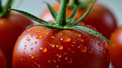 Close-up of fresh ripe tomatoes with water droplets on green stems - Powered by Adobe