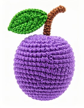 Crocheted Purple Plum with Green Leaf and Brown Stem on White Backdrop
