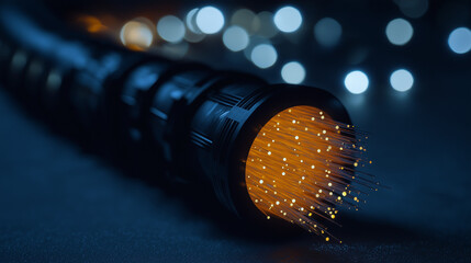 Close-up of optical fiber cable with black metal casing, glowing fiber strands emitting light, futuristic technology and data transmission concept, high detail textures, modern industrial background, 