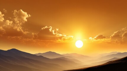 A stunning sunset over a mountain range, with vibrant orange hues illuminating the sky and clouds, creating a serene and picturesque landscape.