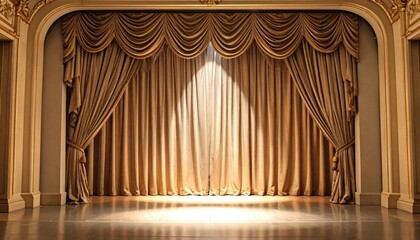 Empty Theater Stage with Gold Curtains and Spotlight