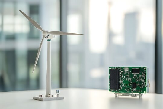 A small wind turbine positioned neatly on a white display base.