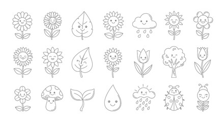 A delightful collection of handdrawn nature icons, featuring smiling flowers, leaves, and rain clouds, these charming illustrations bring a touch of whimsy to any project