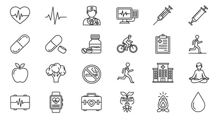A comprehensive set of line icons representing health, fitness, and wellness concepts for digital and print media applications