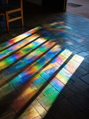 Colorful Light Patterns Create Vibrant Shapes on a Tiled Floor During Daylight in a Serene Indoor Space