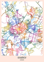 Obraz premium Kharkiv Ukraine City Map. city background, abstract city printable, city travel, city banner, modern city, city background, abstract watercolor, abstract paint, urban background