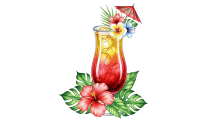Tropical fruit cocktail with floral accents and umbrella on black background
