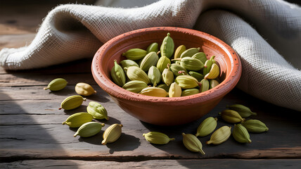 A rustic bowl overflowing with fragrant green cardamom pods on a wooden surface