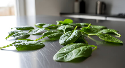 Fresh, vibrant spinach leaves glistening with water droplets on a sleek kitchen counter.