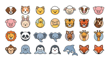 Obraz premium Cute animal faces cartoon set collection of vector illustrations of various animal heads, including dog, cat, sheep, pig, tiger, lion, panda, elephant, giraffe, monkey, penguin, dolphin, and fox