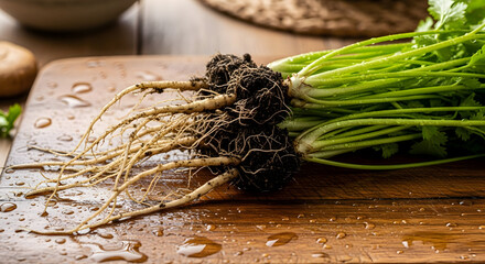 Freshly harvested cilantro with roots and soil on a wet wooden cutting board, ready for cooking