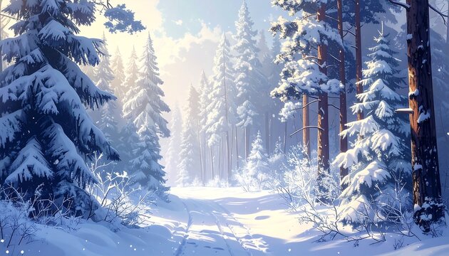 A serene winter wonderland, showcasing snow-covered evergreens and a sunlit forest path.
