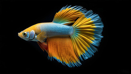 Fototapeta premium Colorful Betta fish with yellow and blue fins on black background