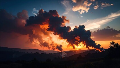 Fototapeta premium Dramatic sunset scene with thick, dark plumes billowing over rolling hills; golden sunlight pierces the clouds