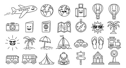 Collection of travel and vacation icons, featuring symbols related to transportation, destinations, activities, and essential travel items, perfect for illustrating travel plans and adventures