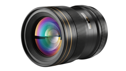 Camera lens with rainbow reflection on dark background for photography concepts