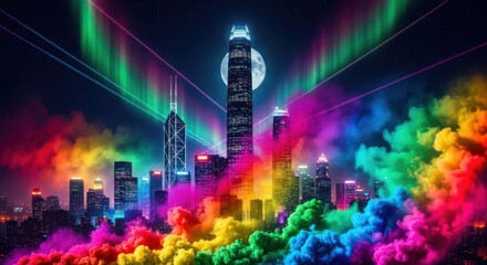 Vibrant Cityscape Illuminated by Cosmic Aurora and Colorful Smoke